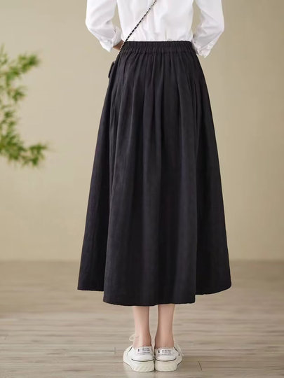 Vintage Jacquard Cotton Midi Skirt, Loose, Artistic, Versatile, Mid-Length, Slimming, Drapey A-Line Skirt for Women with Pockets