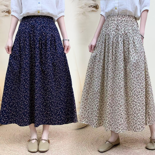 Light Chinese-Style Pure Cotton Floral Print Pleated Retro A-Line Skirt for Women, New Spring 2026 Collection, Suitable for Petite Sizes