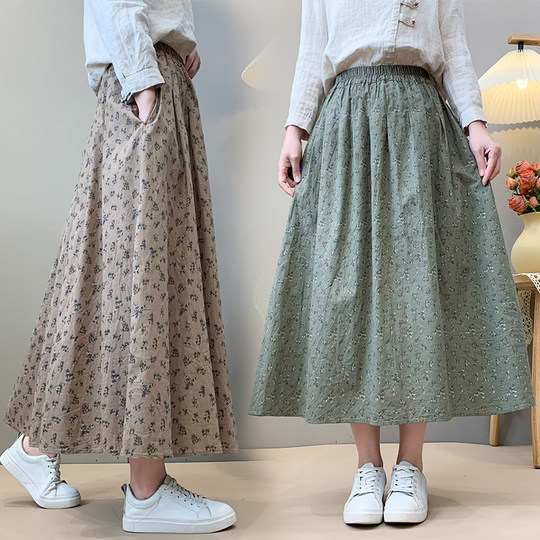 2025 New Style Artistic Cotton and Linen Printed Skirt, Small Floral Versatile High-Waisted Flared A-Line Mid-Length Skirt for Petite Figures