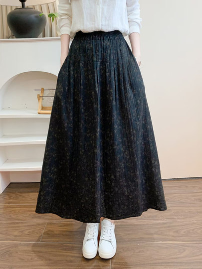 Retro Pure Cotton Floral Skirt for Women, Long, Drapey, Loose, Versatile, Slimming, Artistic Mid-Length A-Line Skirt
