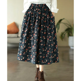 Retro Corduroy Pure Cotton Floral Skirt Women's High-Waisted Large Hem A-Line Skirt Autum Slimming Mid-Length Skirt