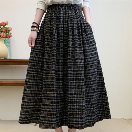 Thickened Woolen Elastic High-Waisted Plaid Midi Skirt, New Autumn and Winter Vintage Artistic A-Line Long Skirt for Women