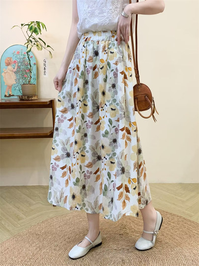 2025 Summer Artistic Pure Cotton Floral Elastic Waist Hip-Covering Half Skirt Women's A-Line Skirt Thin Country Style Long Skirt