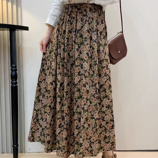 Retro Pure Cotton Floral Skirt for Women High-Waisted A-Line Skirt 20226 Spring Slimming Look Mid-Length Skirt