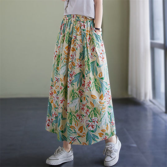 Pure cotton floral skirt women's mid-length summer elastic waist slimming A-line skirt cotton long skirt petite skirt