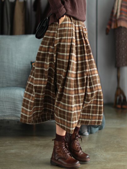 Retro Literary Brushed Cotton Plaid Skirt for Women, New Spring & Fall Style, Loose and Versatile, Elastic Waist, Women's Skirt, A-Line Skirt