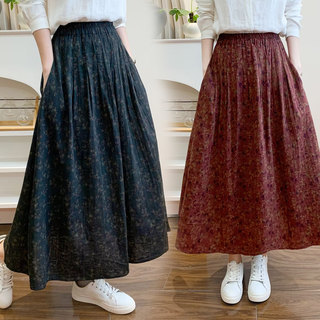 Retro Pure Cotton Floral Skirt for Women, Long, Drapey, Loose, Versatile, Slimming, Artistic Mid-Length A-Line Skirt