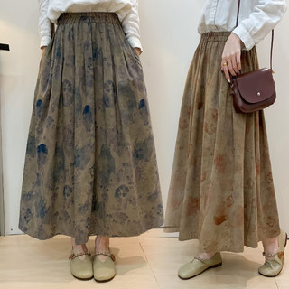 Artistic Retro Printed Cotton and Linen Skirt 2026 Spring High-Waisted Mid-Length Skirt Slimming Versatile Long Skirt