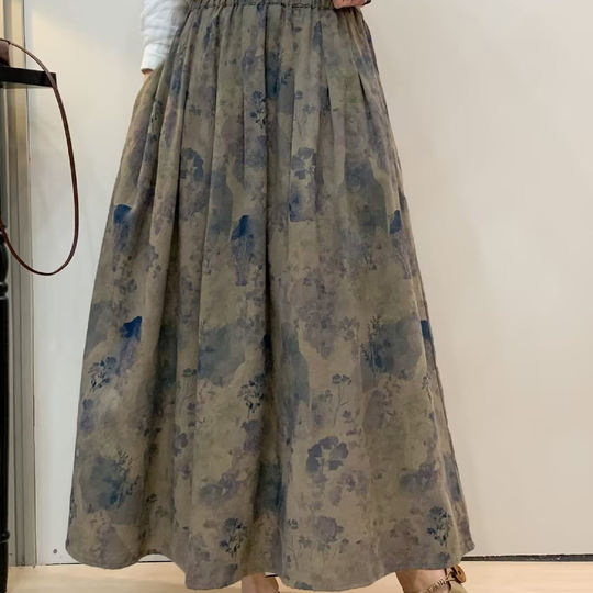 Artistic Retro Printed Cotton and Linen Skirt 2026 Spring High-Waisted Mid-Length Skirt Slimming Versatile Long Skirt