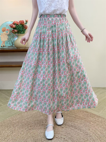 2025 Summer Cotton Floral Skirt for Women, High Waist, Slimming, Mid-Length A-Line Skirt, Flared Skirt, Long Skirt, Cotton Fabric