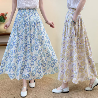Oil Painting Style Pure Cotton Printed Skirt for Women, Summer Vacation Design, Hip-Covering, Slimming A-Line Skirt, Long Skirt for Petite Women