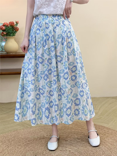 Oil Painting Style Pure Cotton Printed Skirt for Women, Summer Vacation Design, Hip-Covering, Slimming A-Line Skirt, Long Skirt for Petite Women