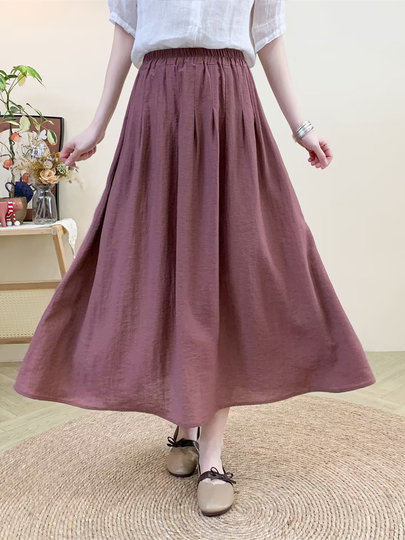 Loose Casual Slimming Look Pure Color A-Line Cotton and Linen Skirt Women's 2025 Summer New Style Foreign Style Age-Reducing Mid-Length Skirt
