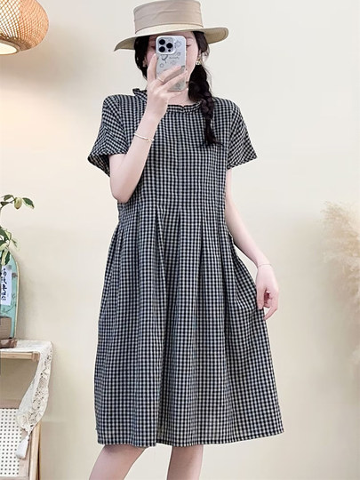 Black and White Checkered Cotton and Linen Hand-Pleated Ruffle Collar Tie Loose Dress for Women, Knee-Length Midi Dress for Petite Women