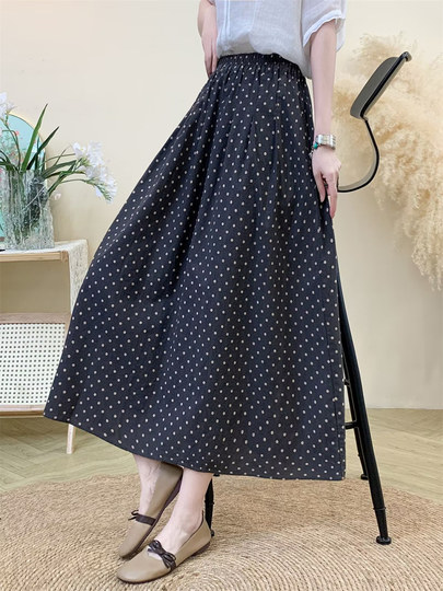 Original Artistic Cotton and Linen Polka Dot Skirt for Women, Drapey and Versatile, Cotton A-Line Skirt, Mid-Length, Petite Long Skirt
