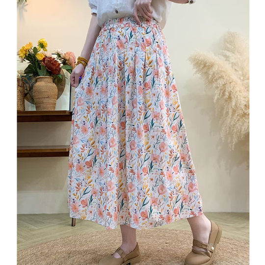 Cotton Floral Print Midi Skirt for Women, 2025 Summer New Style, Floral Oil Painting Pattern, Petite Long Skirt
