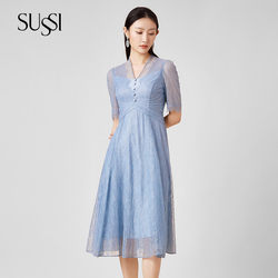 SUSSI/Antique summer new blue lace ຄໍ V ແຂນສັ້ນ ກາງ-ຍາວ dress skirt ຍາວ ສໍາລັບແມ່ຍິງ