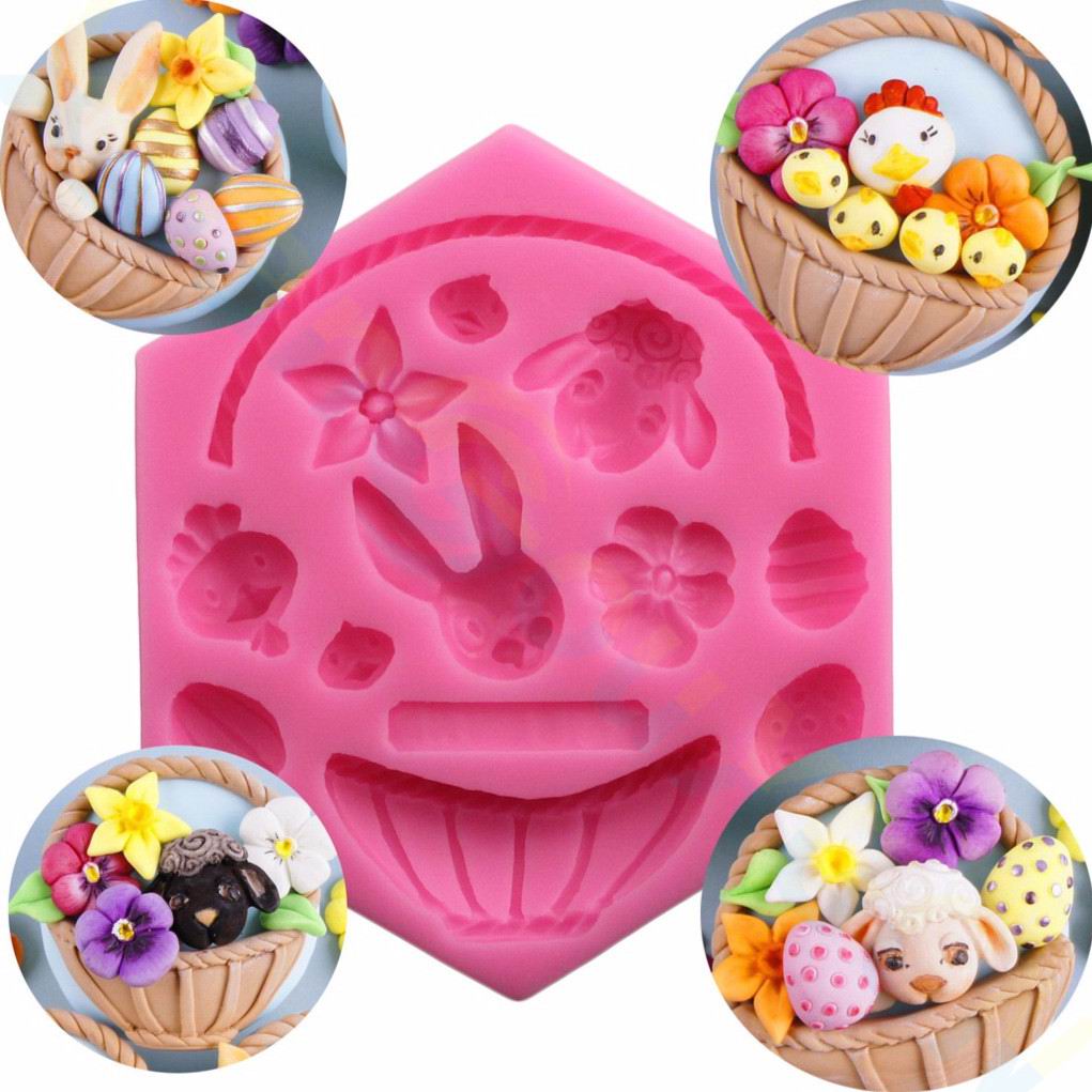 Kids Easter Soap Chocolate Fondant Bunny Egg Flower Basket Cake Silicone Baking Mold