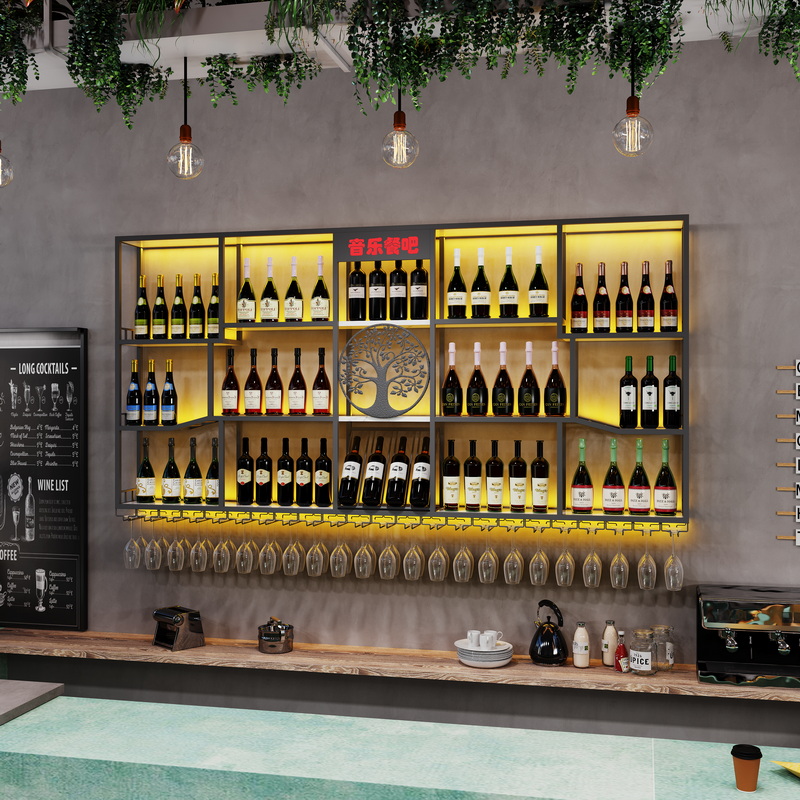 Bar counter wine cabinet against the wall hanging rack industrial wind bar iron art display rack bar counter wine cabinet against the wall hanging