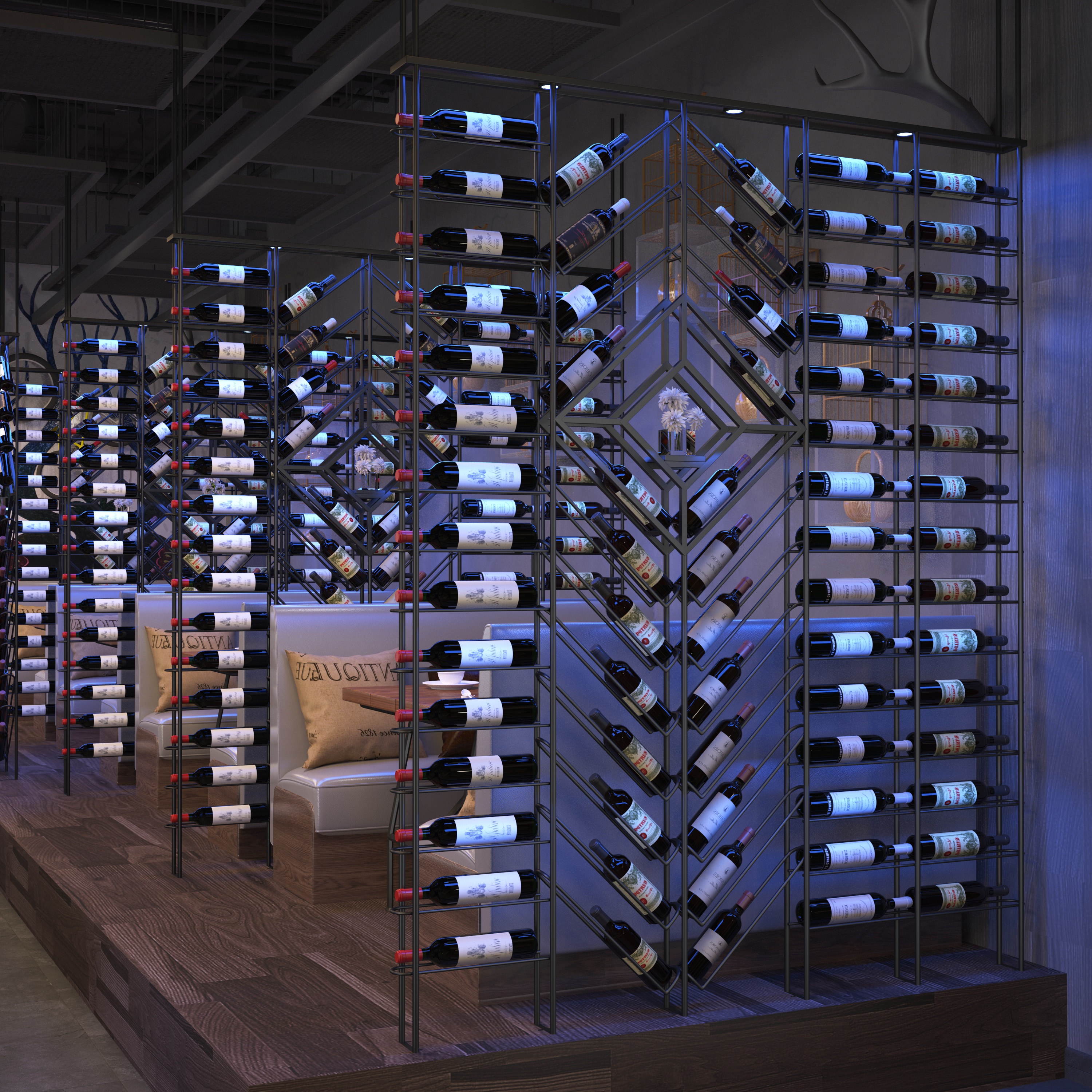 Custom wrought iron wine rack card seat partition screen floor-to-ceiling wine rack industrial wind net red bar wine display rack