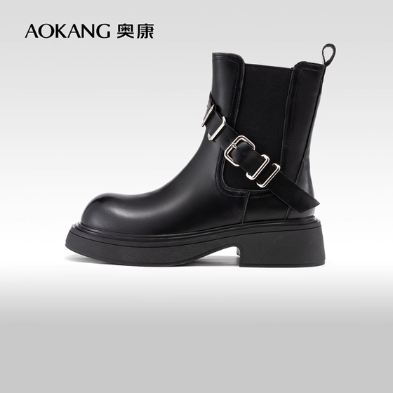 Aocon Women's Shoes 2024 Winter New Thick Sole Round Toe Chime Boots Belt Buckle Sweet Cool Motorcycle Boots Fashion Boots