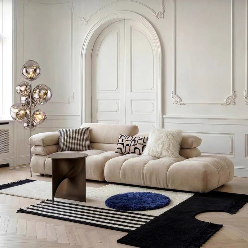 French-Style Cream-Colored Modern Minimalist Fabric Sofa, Light Luxury Living Room Sofa for Small Apartments, Marshmallow Straight-Row Sofa for Clothing Stores French-Style Cream-Colored Modern Minimalist Fabric Sofa, Light Luxury Living Room Sofa for Small Apartments, Marshmallow Straight-Row Sofa for Clothing Stores