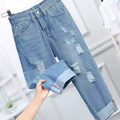 Denim shorts 2021 new summer clothes large size three-point pants female slightly fat girl pierced crotch large thick legs thin straight pants