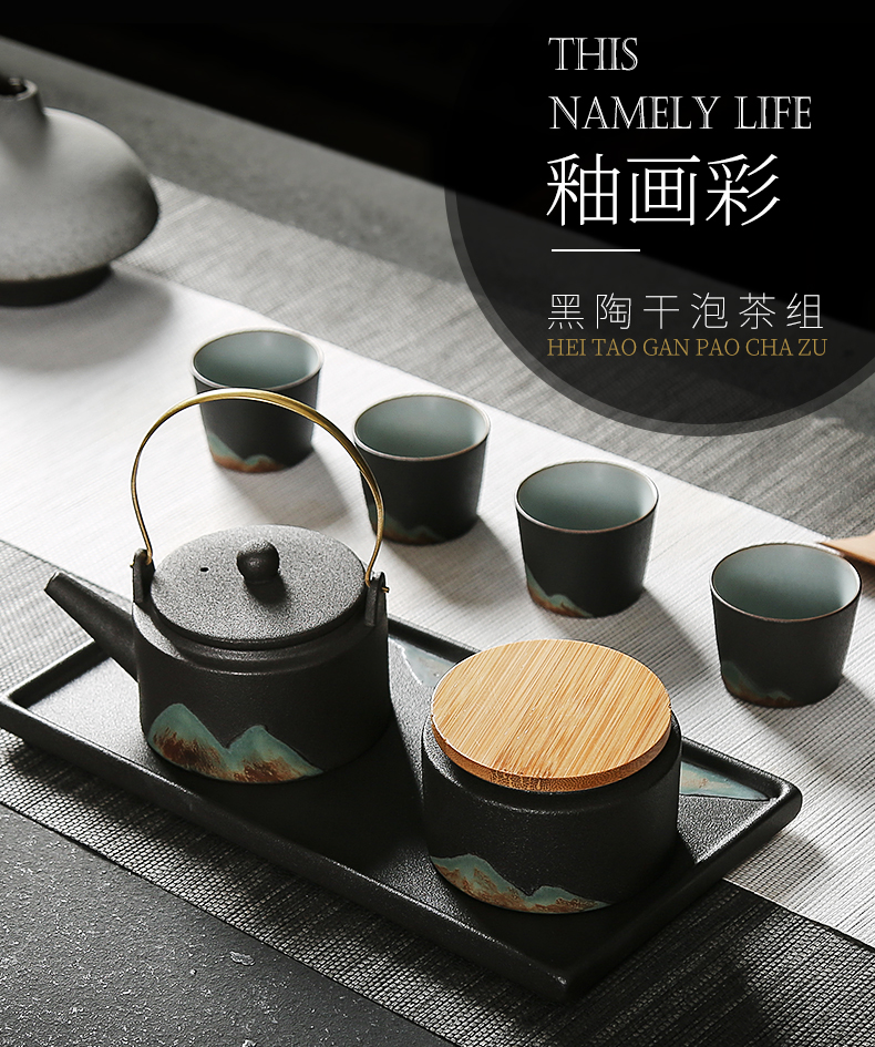 In building Japanese kung fu tea set of black suit household hand - made scenery teapot teacup set of zen dry mercifully