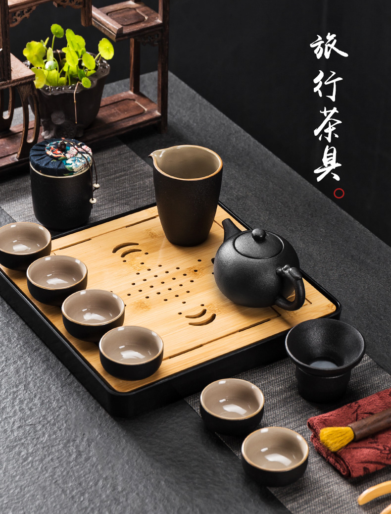 In Japanese black pottery building portable travel tea set kung fu tea teapot teacup of a complete set of ceramic tea tray