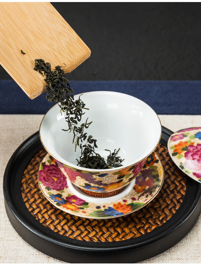 Tureen colored enamel cups in building large ceramic bowl tea set three wire inlay manual pick flowers, lotus Tureen