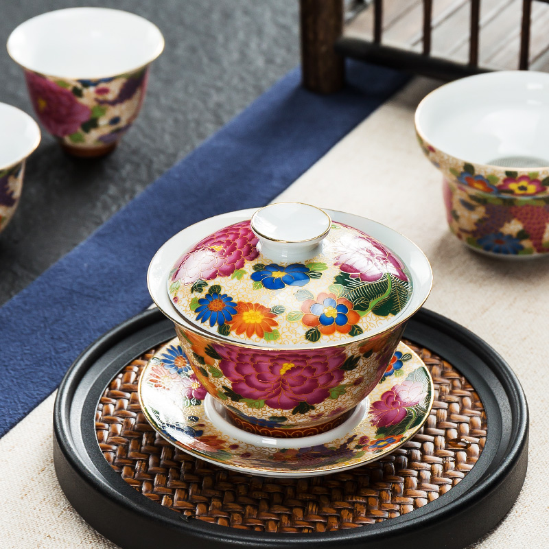 Tureen colored enamel cups in building large ceramic bowl tea set three wire inlay manual pick flowers, lotus Tureen