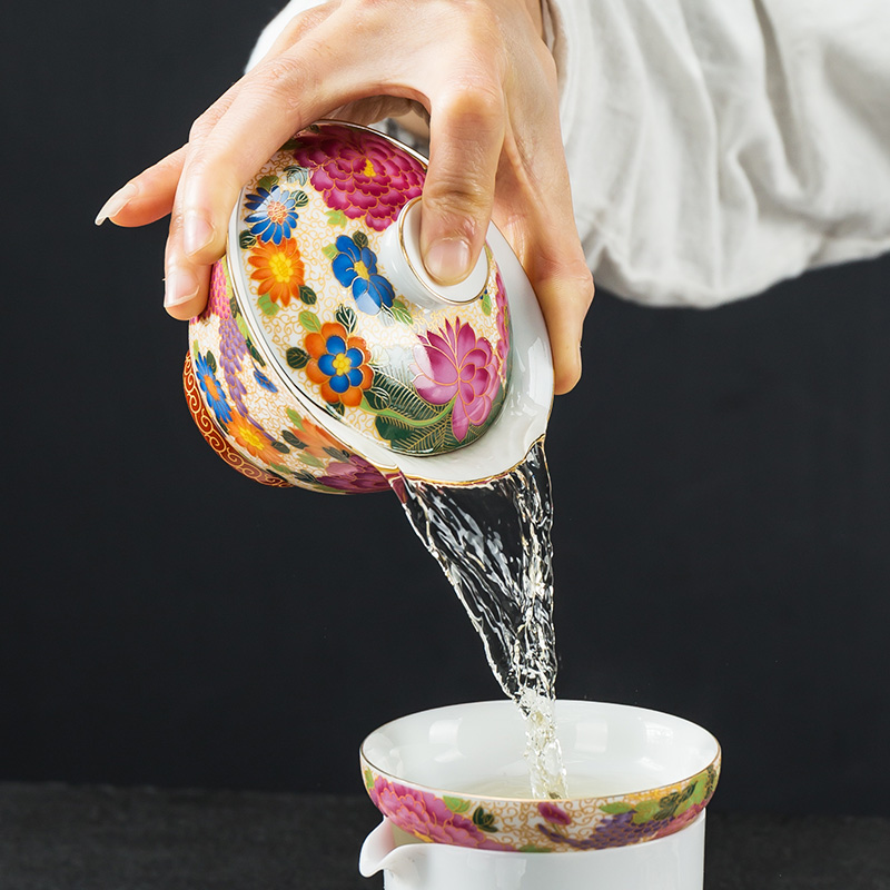 Tureen colored enamel cups in building large ceramic bowl tea set three wire inlay manual pick flowers, lotus Tureen