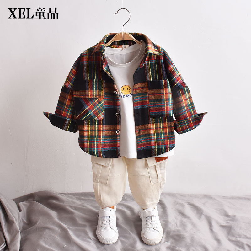 Boys shirt spring and autumn 2022 new children's infant coat middle and small children's brushed shirt foreign style long-sleeved Korean version of the tide
