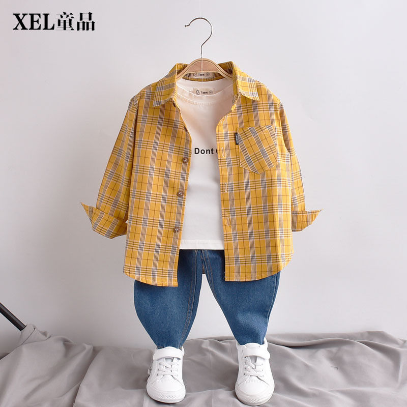 Boys ' shirts spring and autumn long-sleeved Korean version 2019 new spring foreign school jacket baby children plaid shirt tide