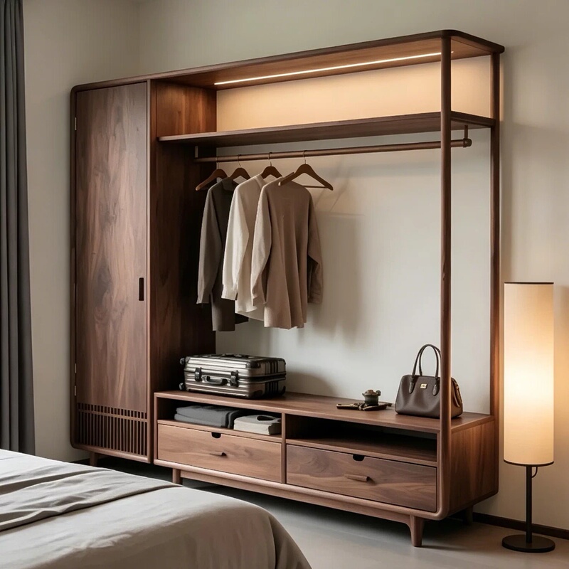 New Chinese-Style Solid Wood Wardrobe Open-Style Black Walnut Bedroom Closet Display Cabinet with Drawer Storage Cabinet