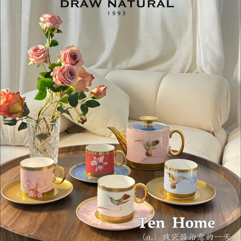 British-Style Afternoon Tea Coffee Full Gold Natural Sketching Orchid Hummingbird Series High Bone China Cup and Saucer Gift Set