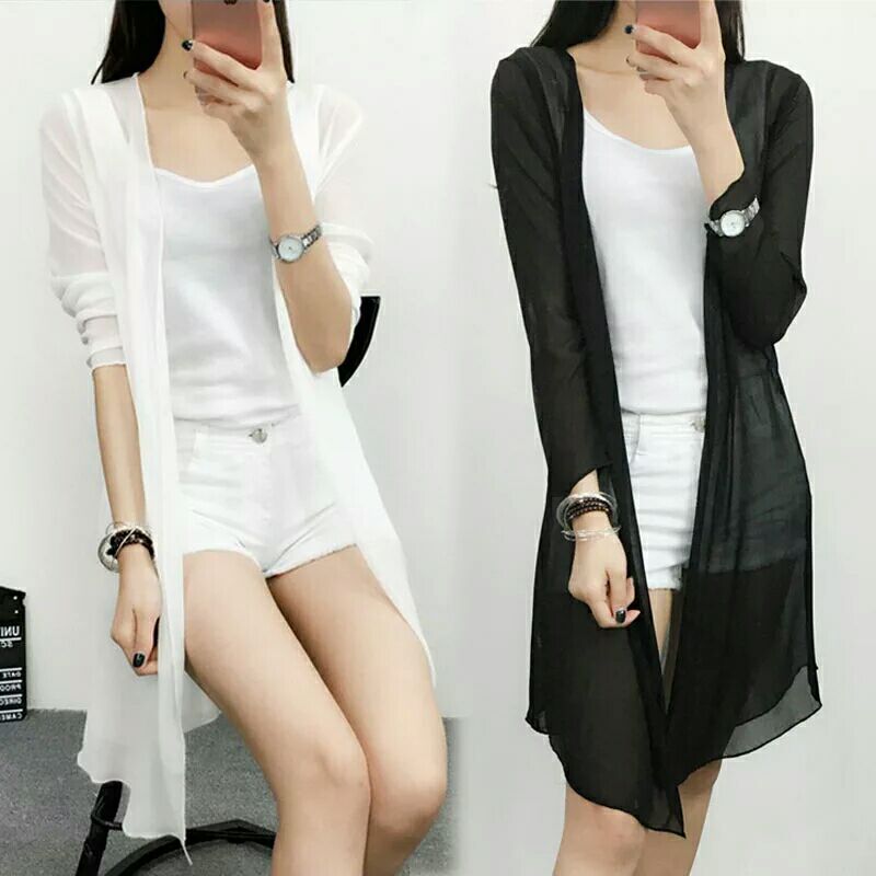 Fairy sunscreen woman medium long version white slim snow-spinning flutter-shirt sunscreen for beach casual sunscreen blouse