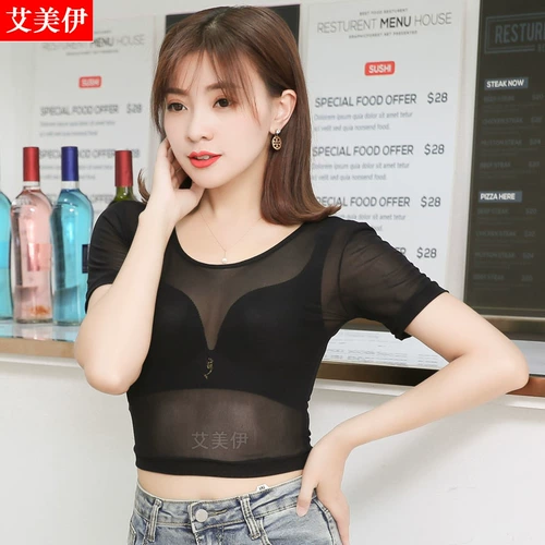 Черная кружевная шелковая приятная телу футболка, короткий рукав, с рукавом