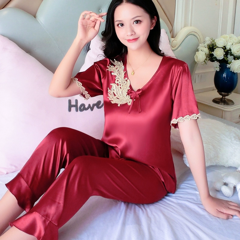 Mùa hè băng lụa ngắn tay quần pyjama nữ hai mảnh giả lụa màu rắn mùa hè bộ đồ mặc nhà mỏng - Cặp đôi