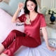 Mùa hè băng lụa ngắn tay quần pyjama nữ hai mảnh giả lụa màu rắn mùa hè bộ đồ mặc nhà mỏng - Cặp đôi