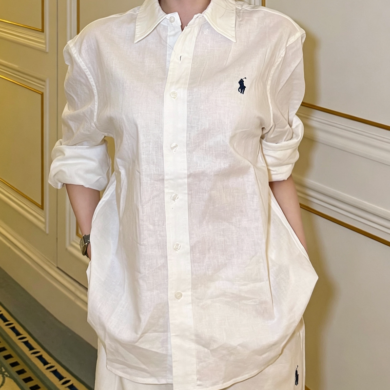 Ralph Lauren Classic Pony Logo Linen Shirt Women's Loose Breathable Commuter White Shirt