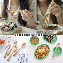 South Korea Eating Sow Cutlery Pland with Solid Wood No Lacquer Long Handle Dessert Fruit Rice Fork Soup Porridge Spoon Spoon
