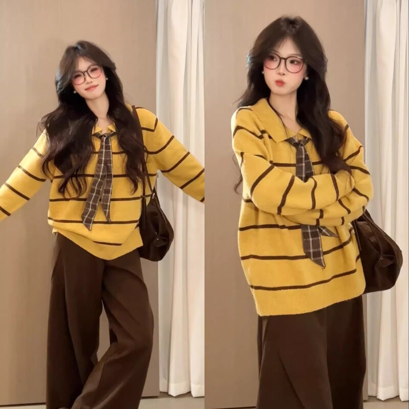 Yellow Polo Collar Striped Pullover Thickened Sweater for Women, Autumn and Winter, High-End, Lazy, Loose Knitwear, Long-Sleeved Top