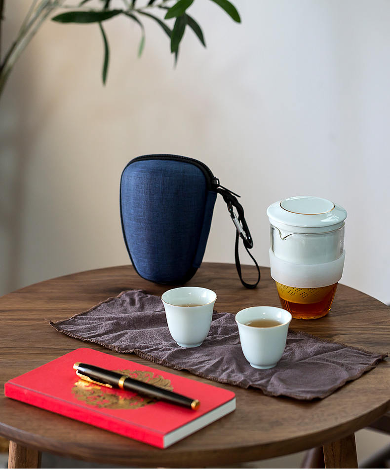 Jun ware celadon crack cup travel tea set suit portable package small set of contracted a pot of two cups of a body to receive