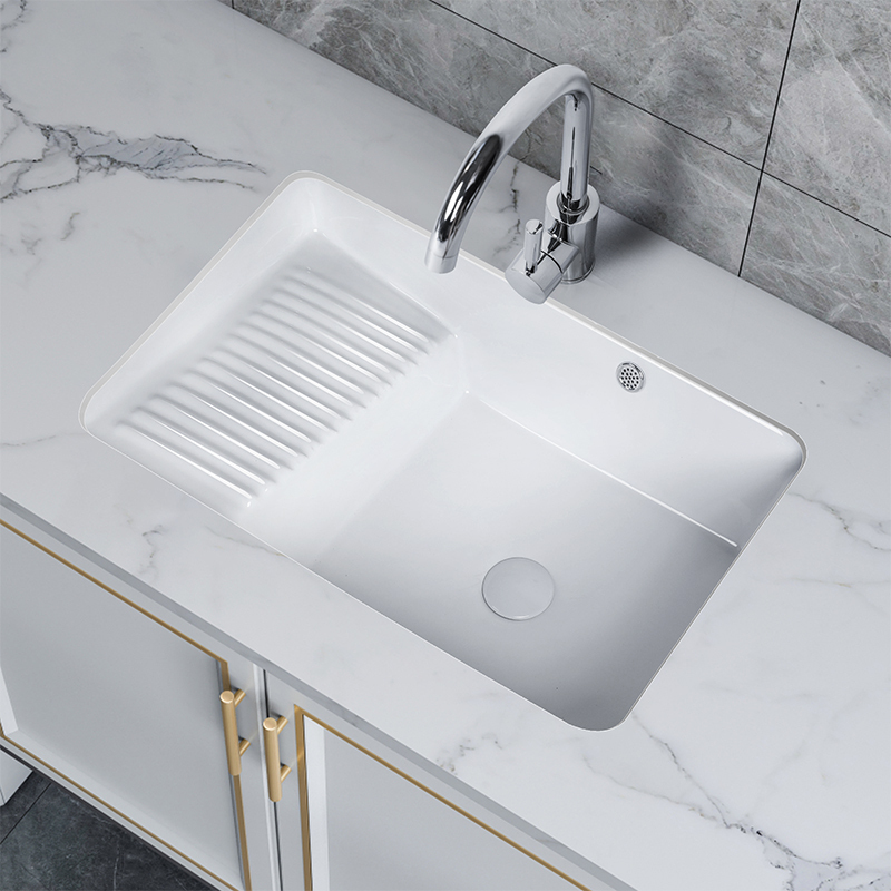 Undercounter Laundry Basin with a Depth of 18cm, Ceramic with Washboard, Small Household Sink for Balcony, Built-In