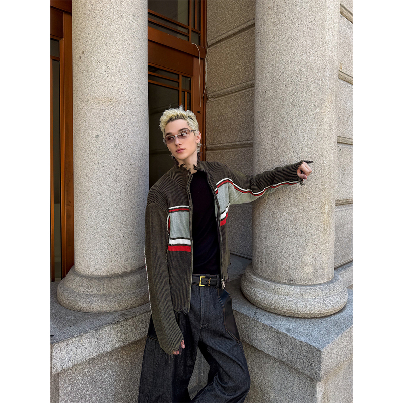 Dbw Doublewin Color-Blocked Striped Frayed Knit Cardigan Autumn and Winter Half-High Collar Short Sweater Jacket