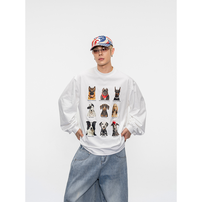 Dbw Doublewin Dog Go! Let's Go! Puppy Print Pure Cotton Long-Sleeve T-Shirt for Men, Loose Fit, Drop Shoulder Top Dbw Doublewin Dog Go! Let's Go! Puppy Print Pure Cotton Long-Sleeve T-Shirt for Men, Loose Fit, Drop Shoulder Top