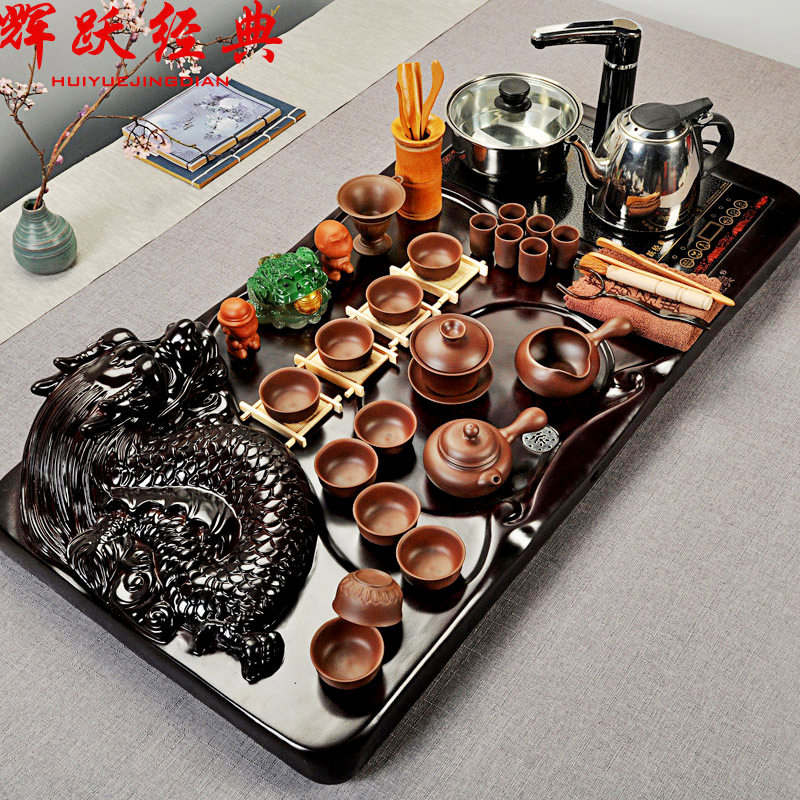 Hui make purple sand tea set the whole piece of solid wood tea tray was kung fu tea set a complete set of induction cooker tea tea table