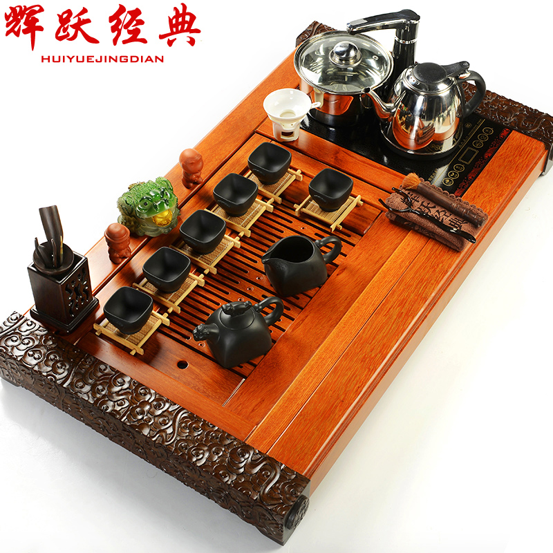 Hui make yixing purple sand of a complete set of kung fu tea set ice crack four unity induction cooker solid wood tea tray