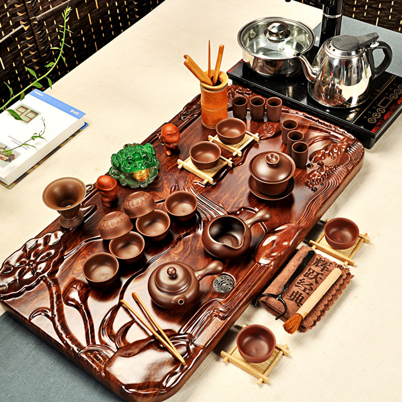 Hui, make tea set violet arenaceous glass of a complete set of kung fu tea set household electric furnace technology wood tea tray tea tea taking